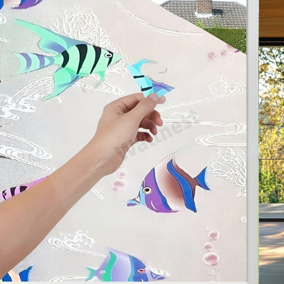 Wallnest 3D Tropical Fish Privacy Window Film, Self-Adhesive Decorative Glass Sticker, UV Protection, Reusable Frosted Glass Film Home Office Glass Stickers for Bathroom, Living Room
