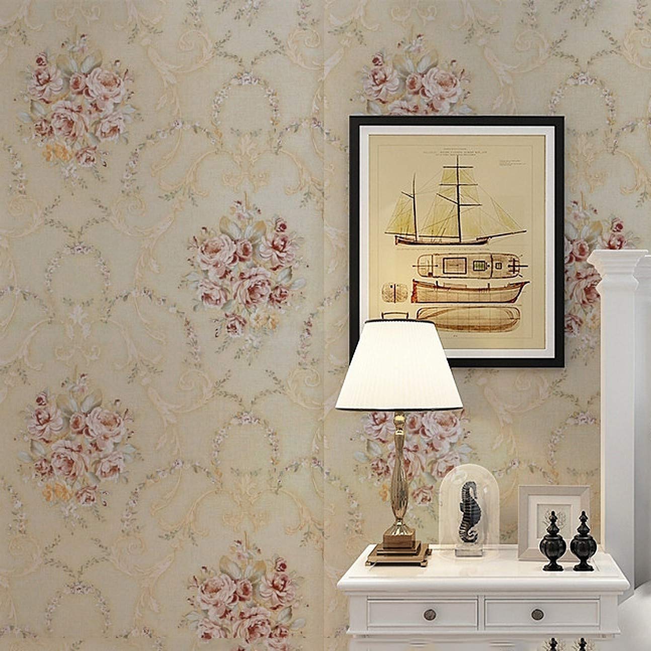 Vintage-style floral wallpaper in beige with pink and yellow rose clusters and ornate vine patterns.