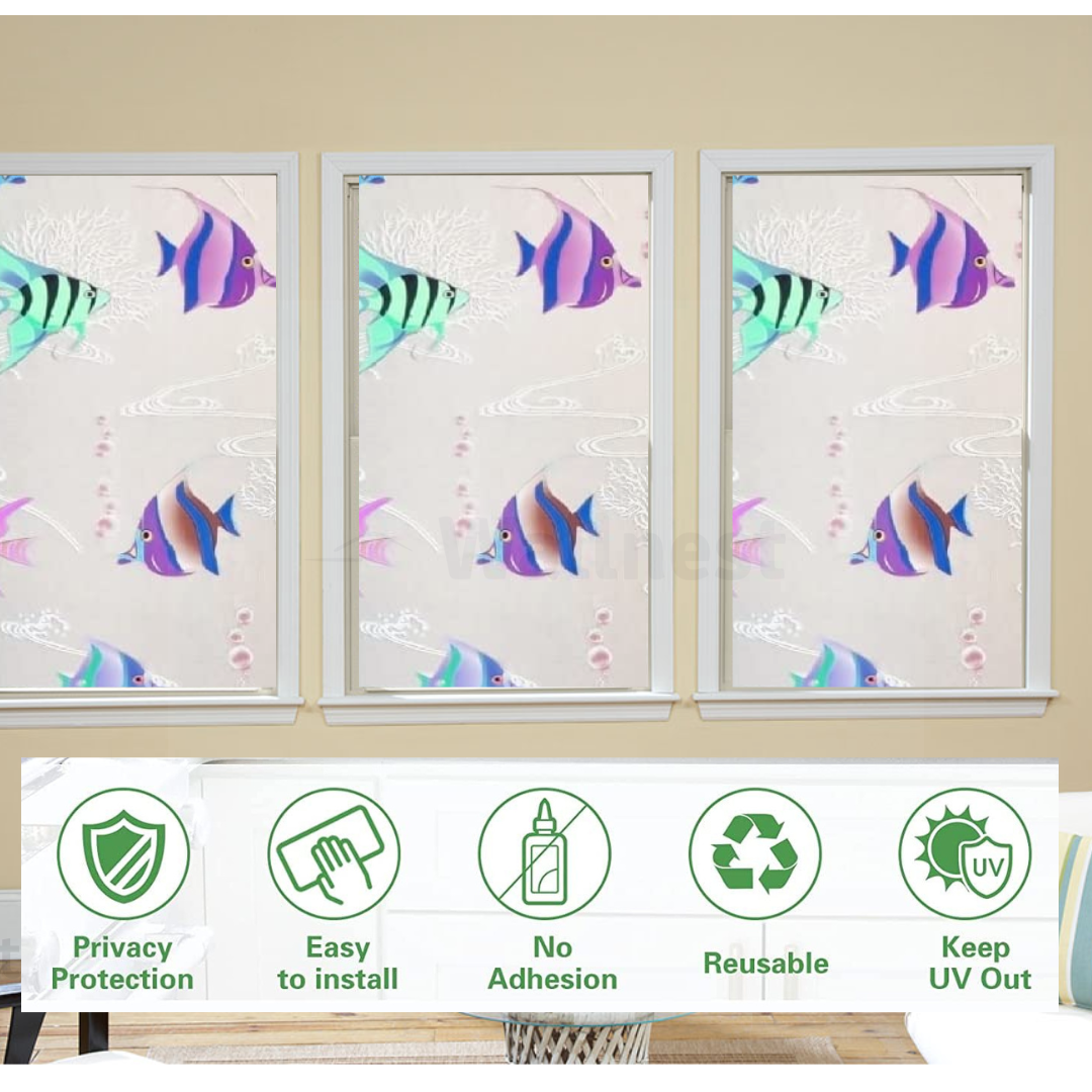 Wallnest 3D Tropical Fish Privacy Window Film, Self-Adhesive Decorative Glass Sticker, UV Protection, Reusable Frosted Glass Film Home Office Glass Stickers for Bathroom, Living Room