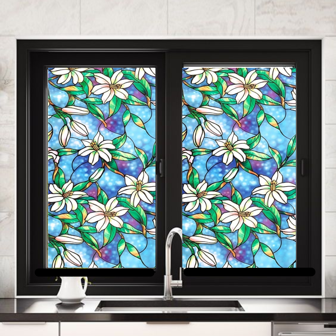 Wallnest Premium Privacy Window Sticker New Pattern Frosted Vinyl Sheets for Front Door Bathroom Sidelight Small Windows Opaque Sheet | Removable | Anti-UV. Blue Lily Flowers