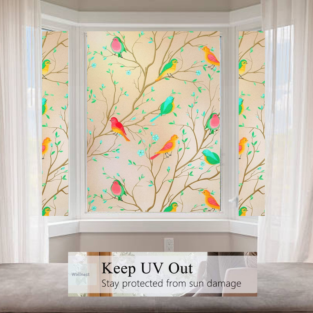 Wallnest Decorative Window Privacy Film, Self-Adhesive Vinyl, Birds Colourful