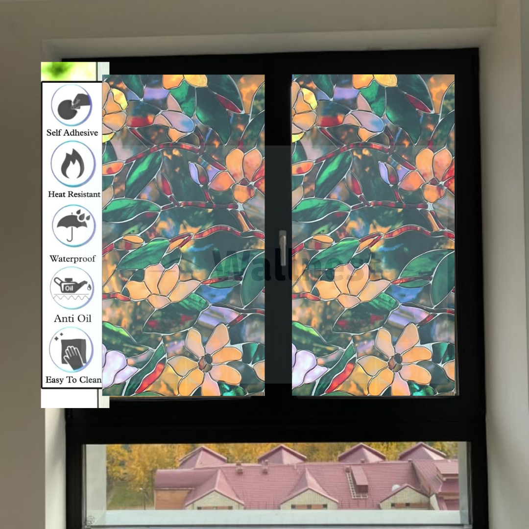 Wallnest Decorative Window Film, Floral Stained Glass Pattern, Self-Adhesive, Heat-Resistant, Waterproof, Self-Adhesive Glass Film Vinyl for Bathroom, Home, Office- Green Patti