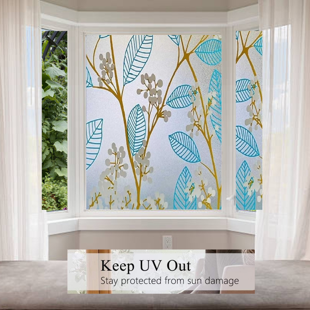 Wallnest Blue Leaves Privacy Window Film – Frosted Glass Vinyl, Self Adhesive Decorative Window Sticker for Home, Office, Bathroom, Kitchen – Removable, Waterproof