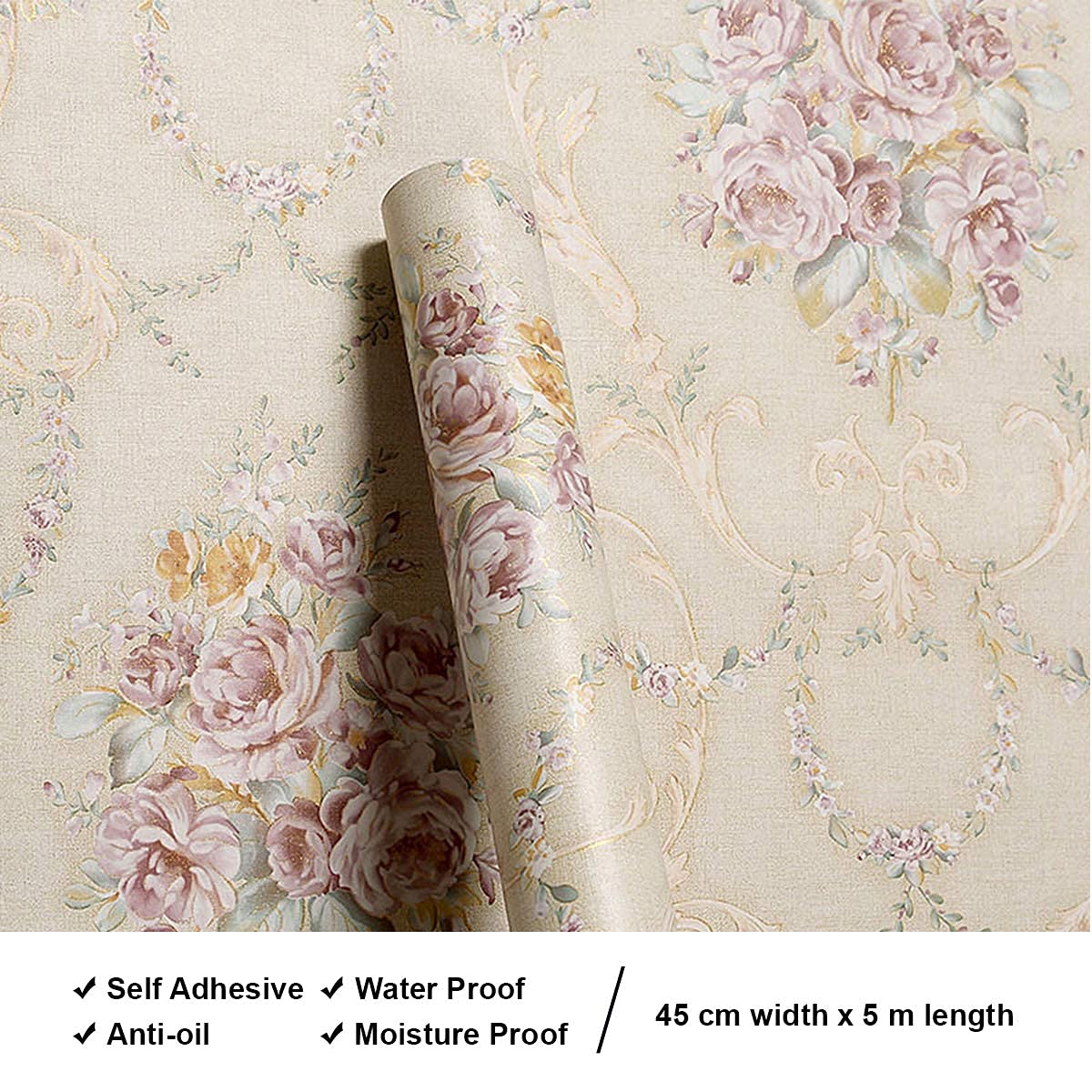 Beige floral wallpaper roll with pink and yellow rose pattern, self-adhesive and waterproof