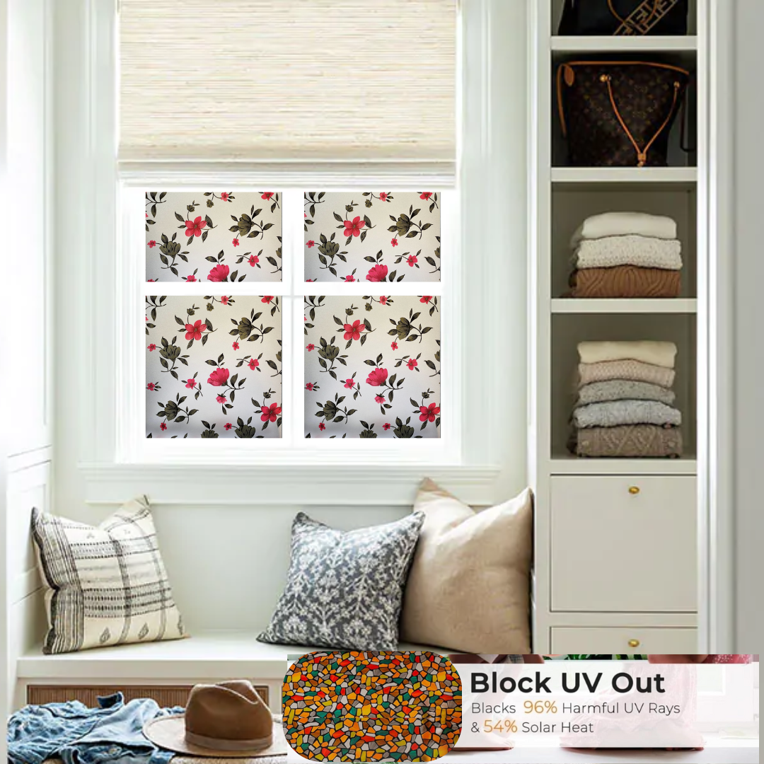 Wallnest Frosted Glass Window Film, Decorative Floral Pattern, Privacy Film with UV Protection, Self-Adhesive Vinyl, Heat Control Window Sticker for Home Office