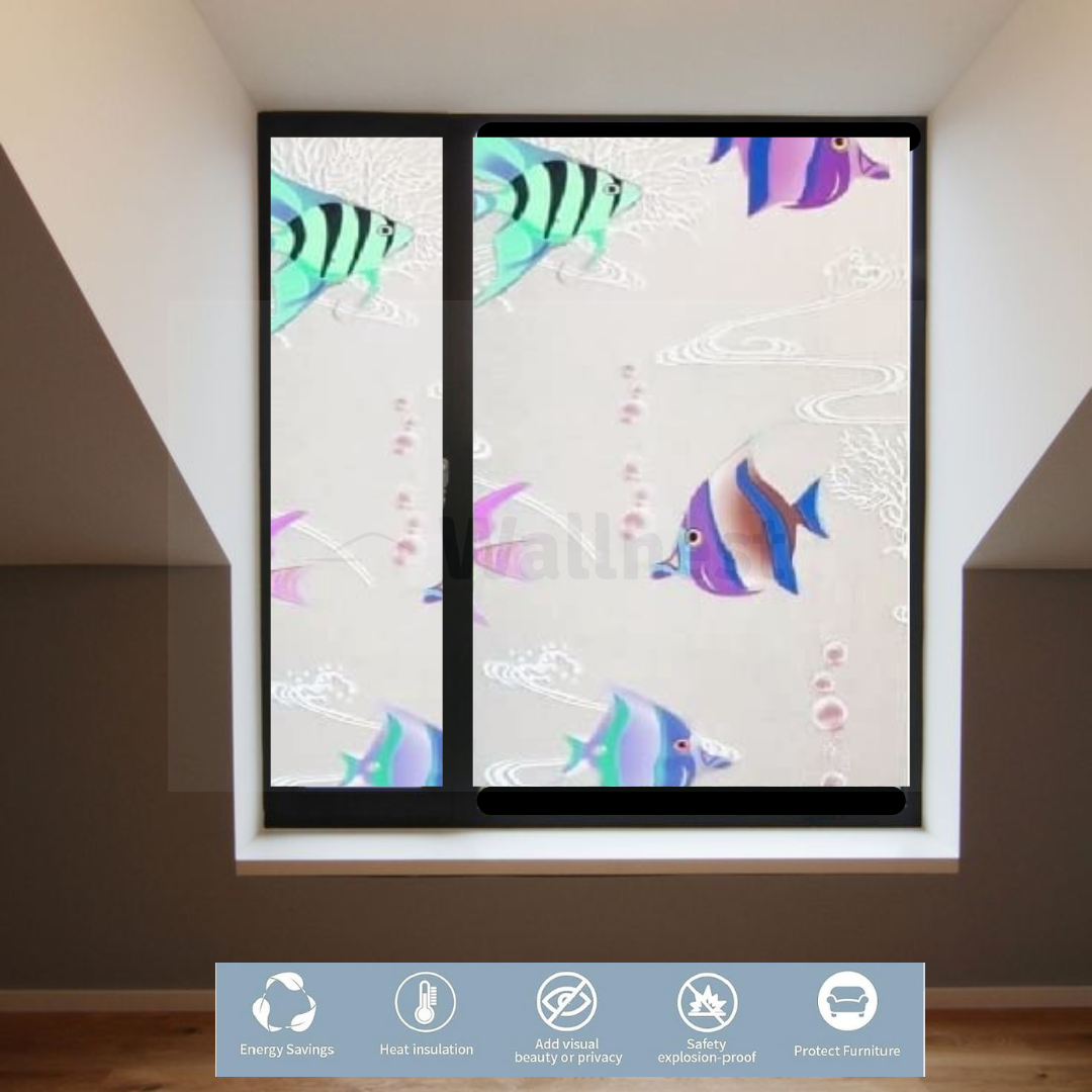 Wallnest 3D Tropical Fish Privacy Window Film, Self-Adhesive Decorative Glass Sticker, UV Protection, Reusable Frosted Glass Film Home Office Glass Stickers for Bathroom, Living Room