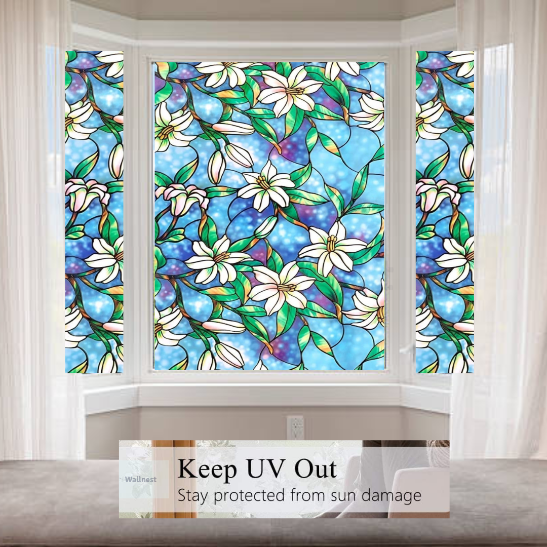 Wallnest Premium Privacy Window Sticker New Pattern Frosted Vinyl Sheets for Front Door Bathroom Sidelight Small Windows Opaque Sheet | Removable | Anti-UV. Blue Lily Flowers