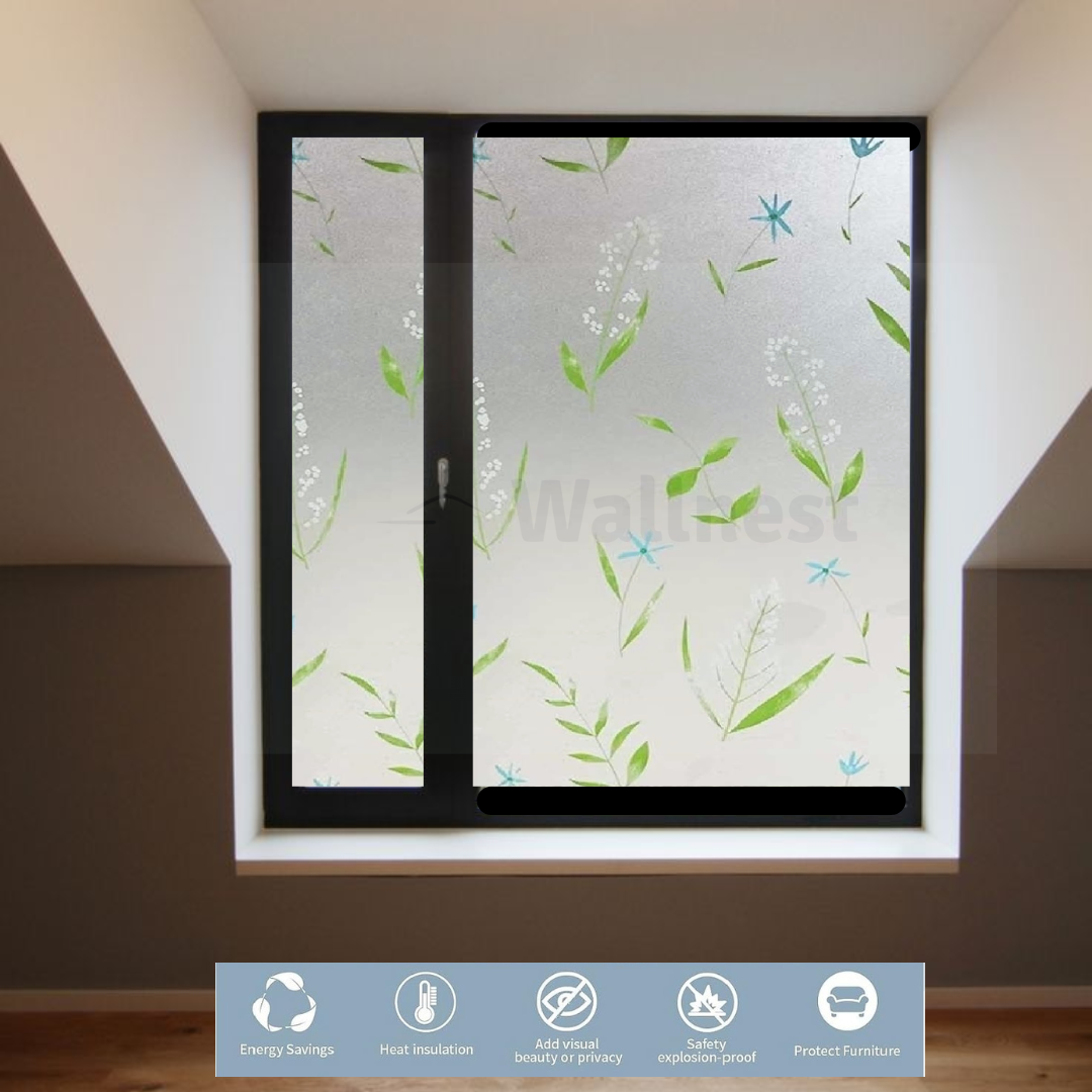 Wallnest Frosted Privacy Window Film, Floral Design with Lily Pattern, UV Protection, Heat Insulation, Self-Adhesive Glass Sticker for Bathroom, Kitchen, Bedroom