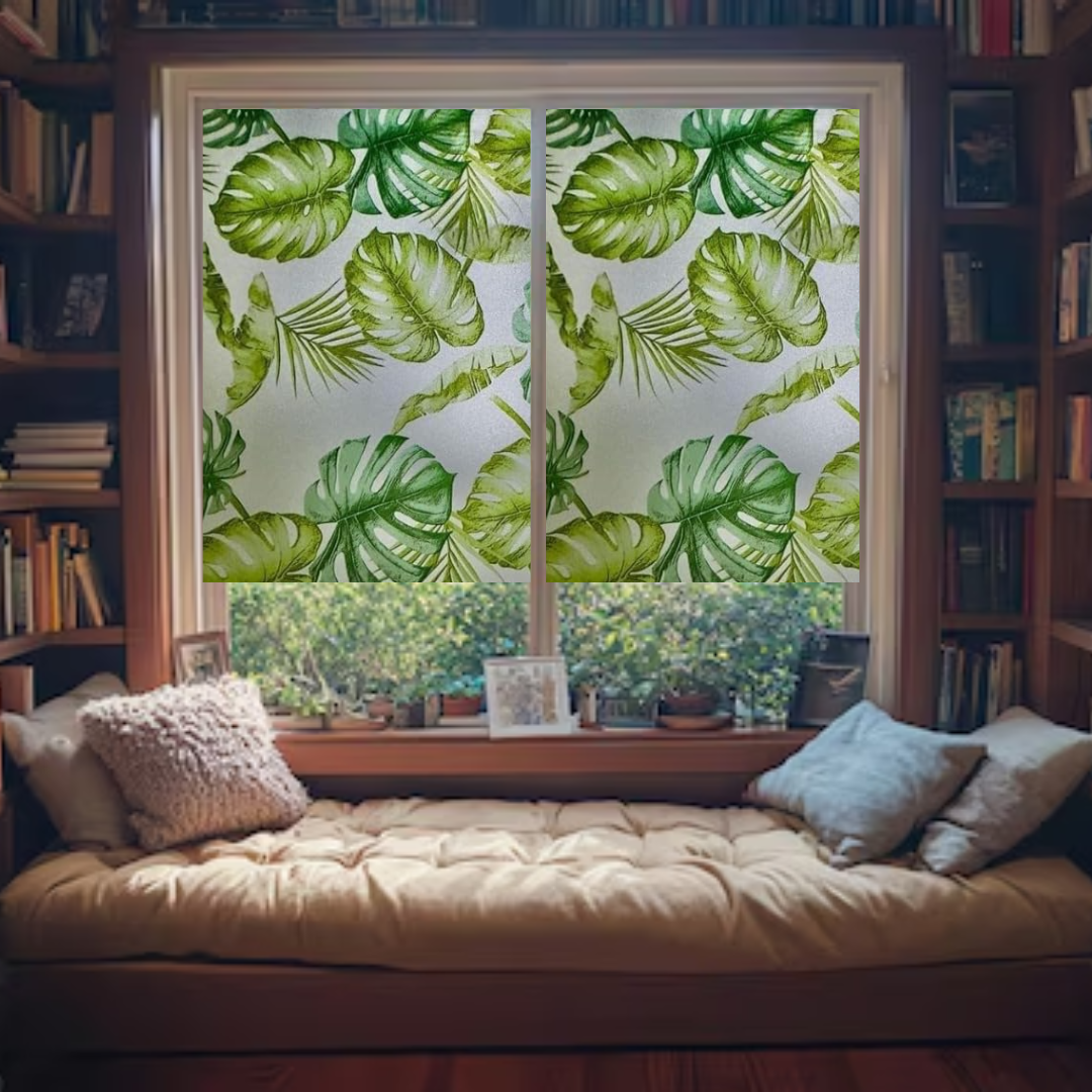 Wallnest Tropical Leaf Privacy Window Film, UV Blocking Glass Sticker, UV Protection, Heat Reduction, Decorative Frosted Film Self Adhesive Window Film for Home Office Bathroom