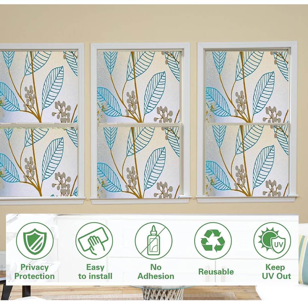 Wallnest Blue Leaves Privacy Window Film – Frosted Glass Vinyl, Self Adhesive Decorative Window Sticker for Home, Office, Bathroom, Kitchen – Removable, Waterproof