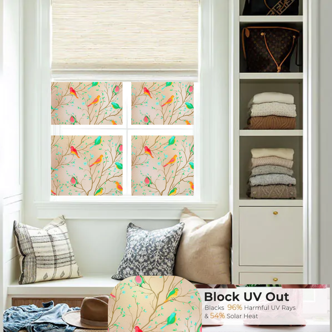 Wallnest Decorative Window Privacy Film, Self-Adhesive Vinyl, Birds Colourful