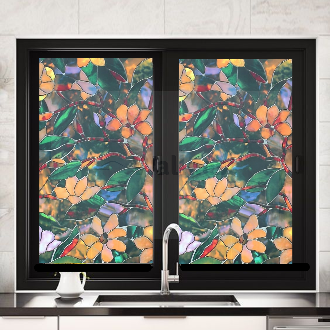 Wallnest Decorative Window Film, Floral Stained Glass Pattern, Self-Adhesive, Heat-Resistant, Waterproof, Self-Adhesive Glass Film Vinyl for Bathroom, Home, Office- Green Patti