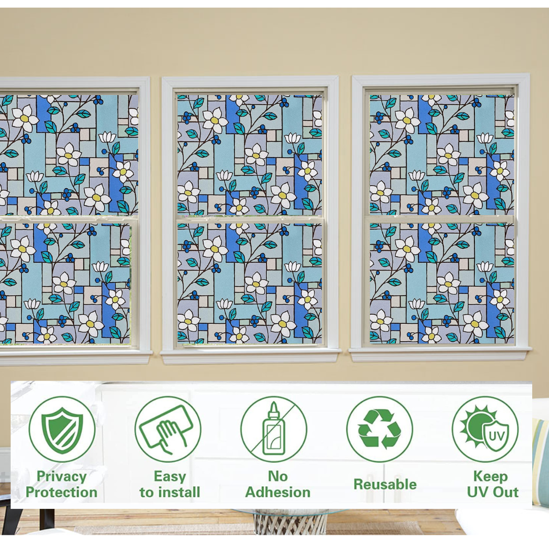 Wallnest Decorative Privacy Window Film, Floral Stained Glass Pattern,Self-Adhesive Frosted Glass FilmNo Glue Anti-UV Window Sticker for Privacy Office Meeting Room Bathroom Living Room