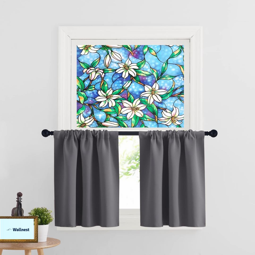 Wallnest Premium Privacy Window Sticker New Pattern Frosted Vinyl Sheets for Front Door Bathroom Sidelight Small Windows Opaque Sheet | Removable | Anti-UV. Blue Lily Flowers
