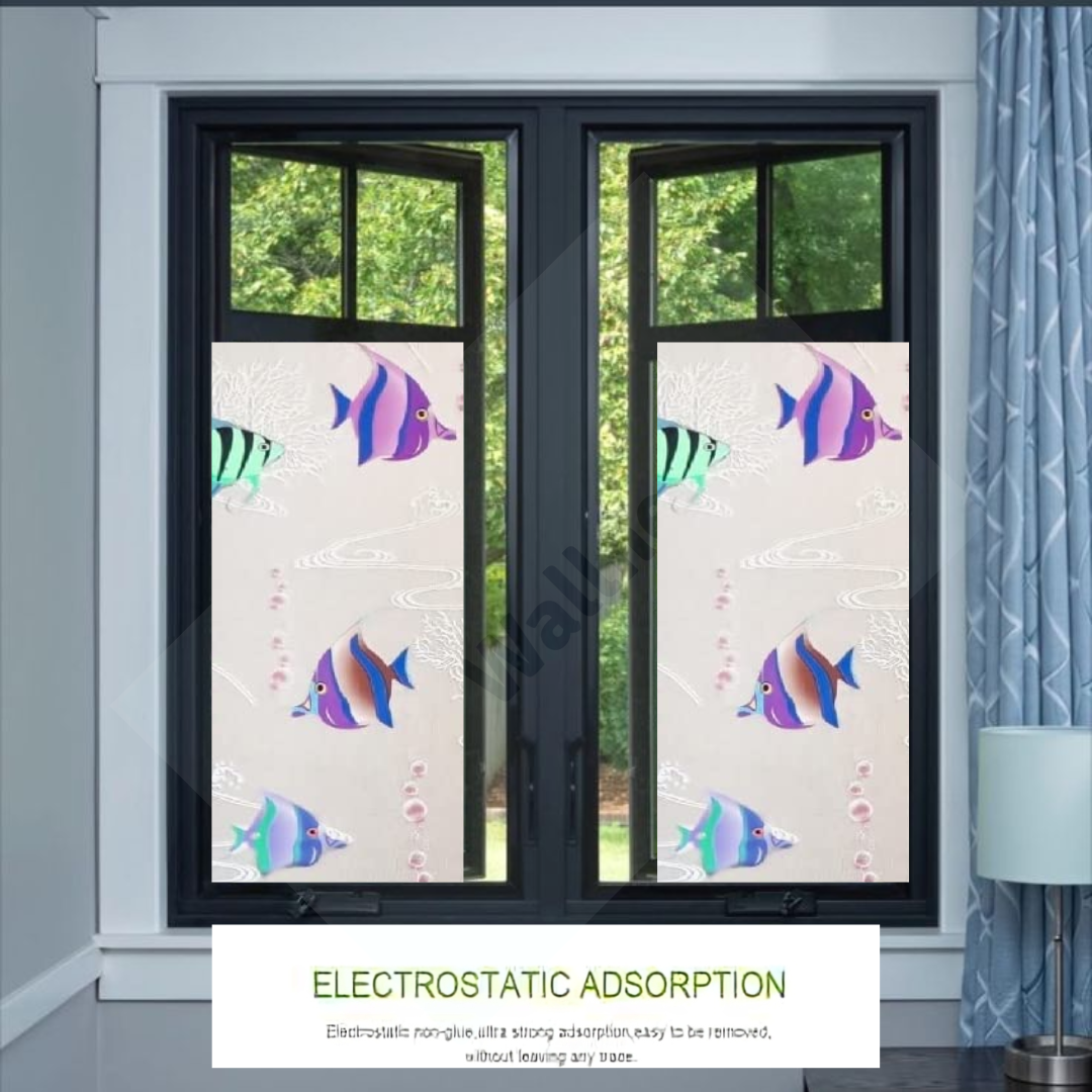 Wallnest 3D Tropical Fish Privacy Window Film, Self-Adhesive Decorative Glass Sticker, UV Protection, Reusable Frosted Glass Film Home Office Glass Stickers for Bathroom, Living Room