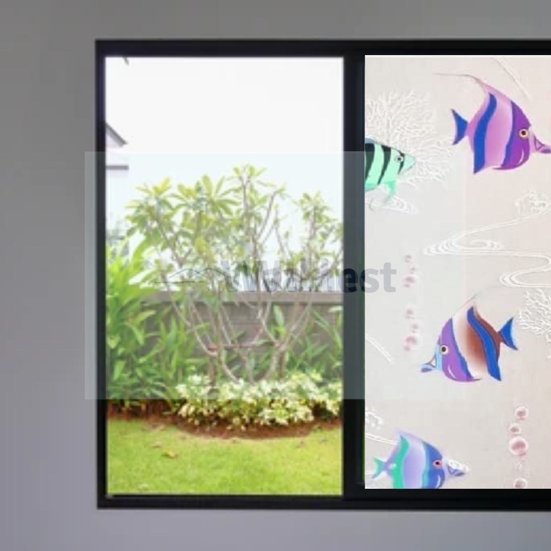 Wallnest 3D Tropical Fish Privacy Window Film, Self-Adhesive Decorative Glass Sticker, UV Protection, Reusable Frosted Glass Film Home Office Glass Stickers for Bathroom, Living Room