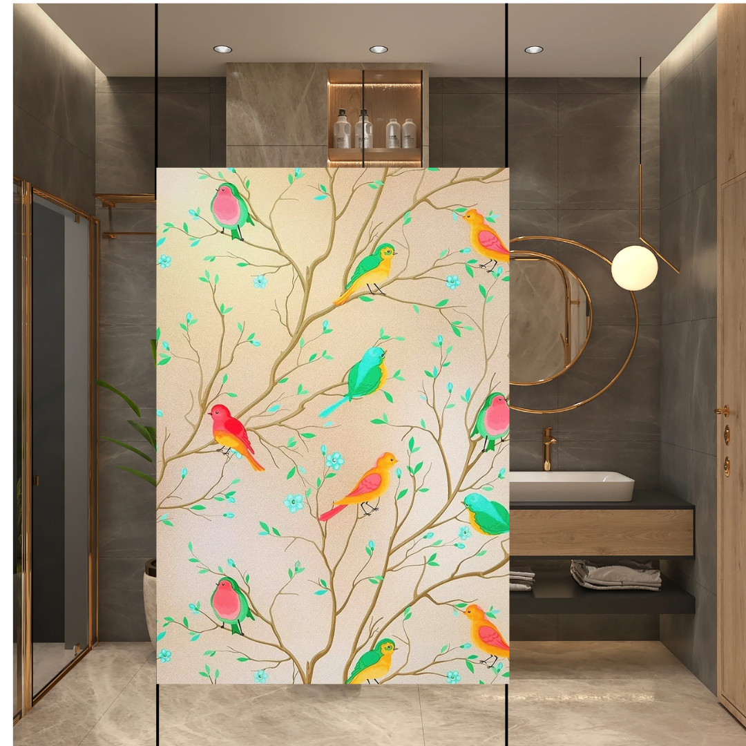 Wallnest Decorative Window Privacy Film, Self-Adhesive Vinyl, Birds Colourful