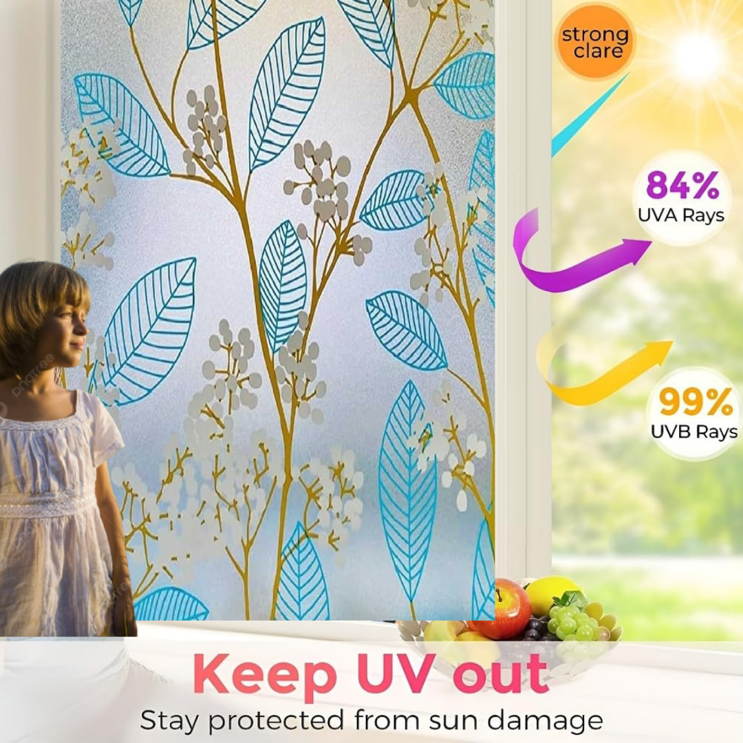 Wallnest Blue Leaves Privacy Window Film – Frosted Glass Vinyl, Self Adhesive Decorative Window Sticker for Home, Office, Bathroom, Kitchen – Removable, Waterproof
