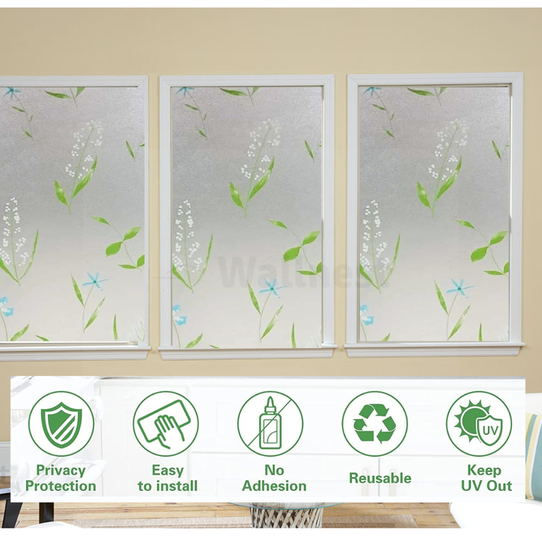 Wallnest Frosted Privacy Window Film, Floral Design with Lily Pattern, UV Protection, Heat Insulation, Self-Adhesive Glass Sticker for Bathroom, Kitchen, Bedroom