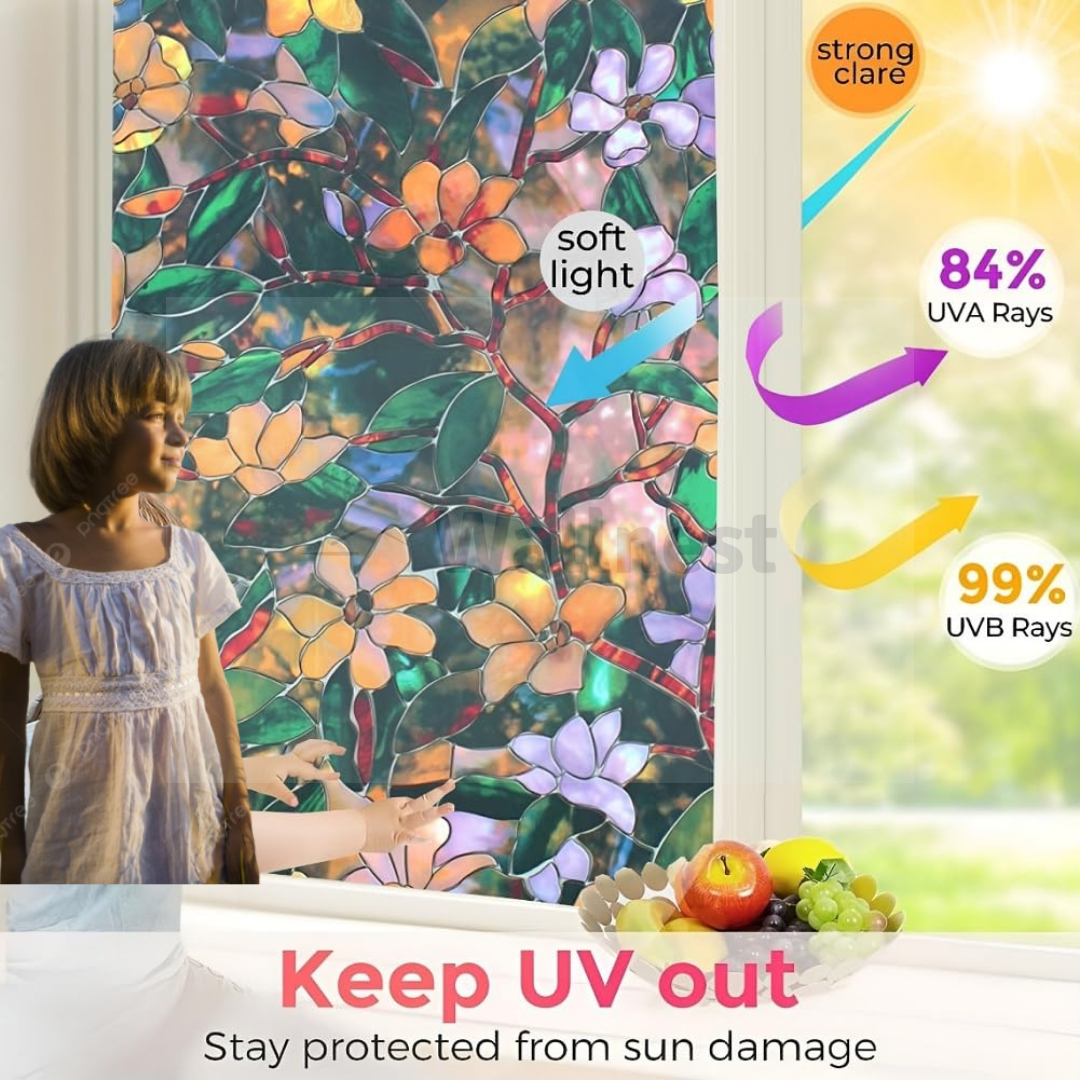 Wallnest Decorative Window Film, Floral Stained Glass Pattern, Self-Adhesive, Heat-Resistant, Waterproof, Self-Adhesive Glass Film Vinyl for Bathroom, Home, Office- Green Patti