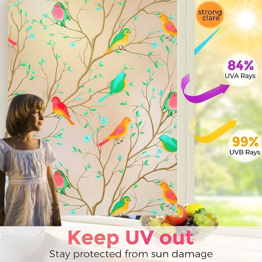 Wallnest Decorative Window Privacy Film, Self-Adhesive Vinyl, Birds Colourful