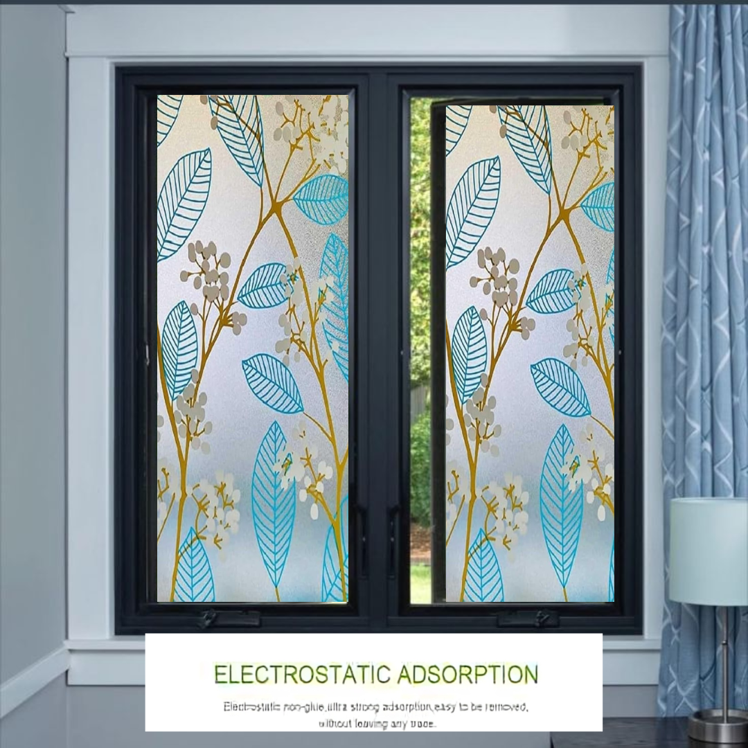 Wallnest Blue Leaves Privacy Window Film – Frosted Glass Vinyl, Self Adhesive Decorative Window Sticker for Home, Office, Bathroom, Kitchen – Removable, Waterproof