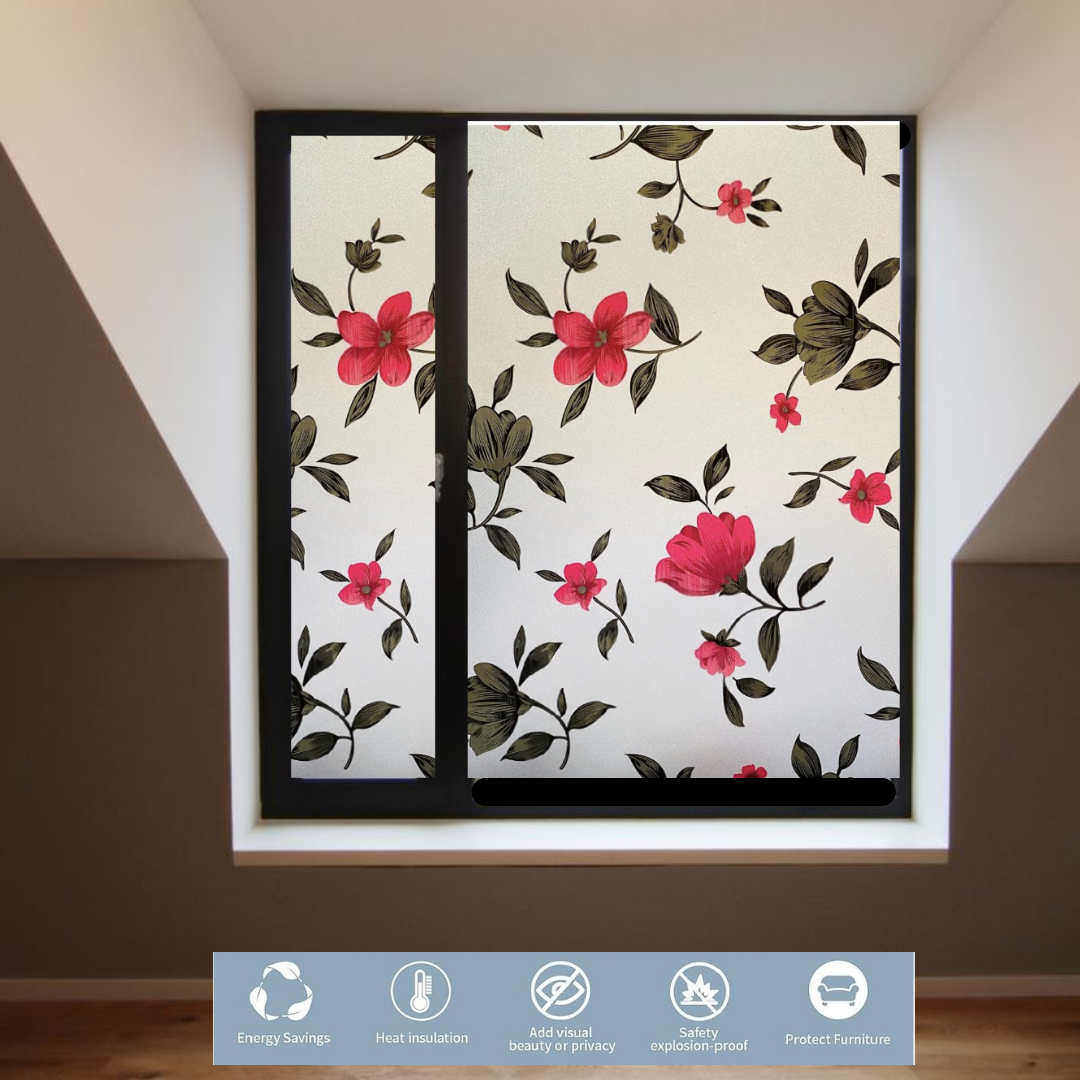 Wallnest Frosted Glass Window Film, Decorative Floral Pattern, Privacy Film with UV Protection, Self-Adhesive Vinyl, Heat Control Window Sticker for Home Office