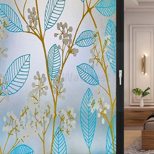 Wallnest Blue Leaves Privacy Window Film – Frosted Glass Vinyl, Self Adhesive Decorative Window Sticker for Home, Office, Bathroom, Kitchen – Removable, Waterproof