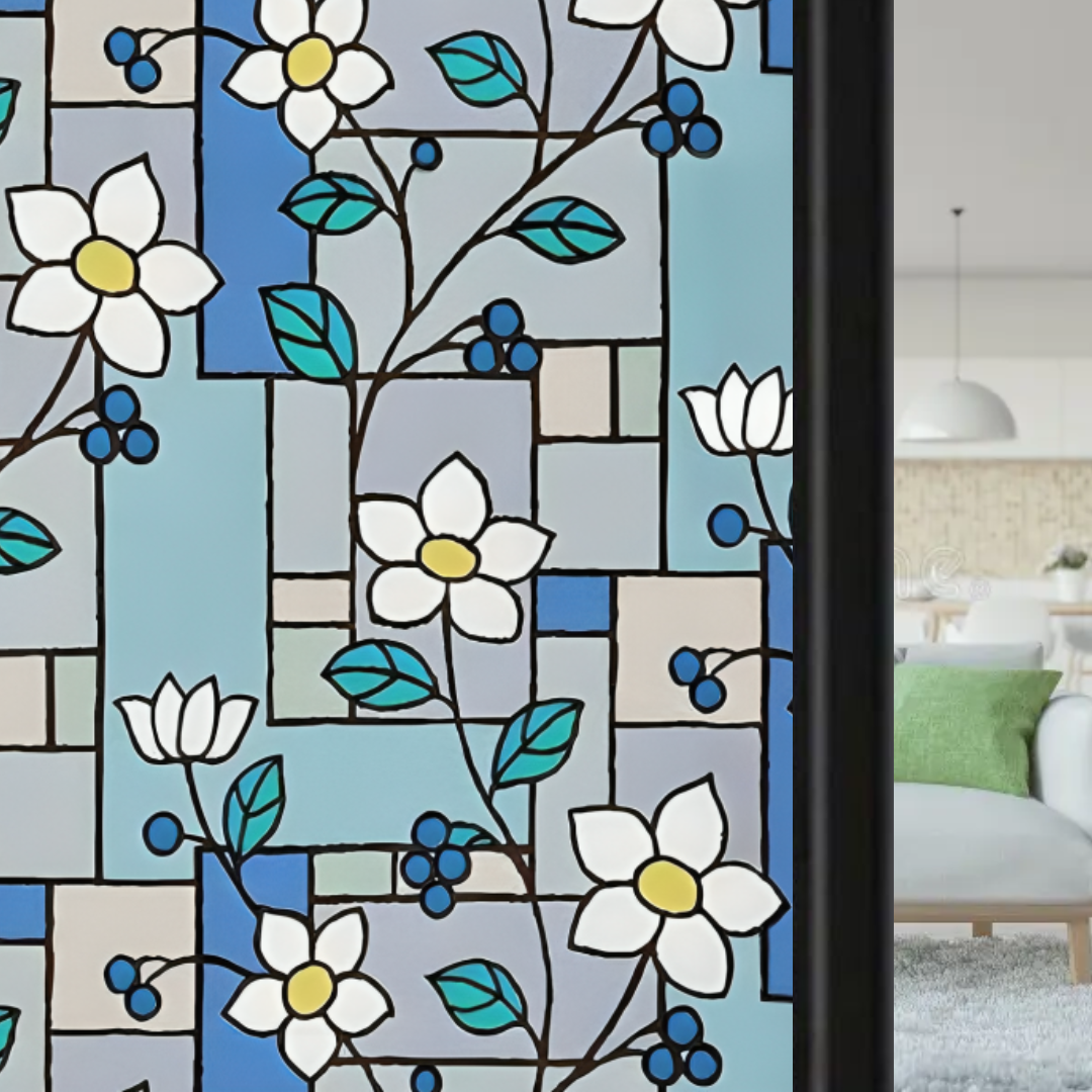 Wallnest Decorative Privacy Window Film, Floral Stained Glass Pattern,Self-Adhesive Frosted Glass FilmNo Glue Anti-UV Window Sticker for Privacy Office Meeting Room Bathroom Living Room