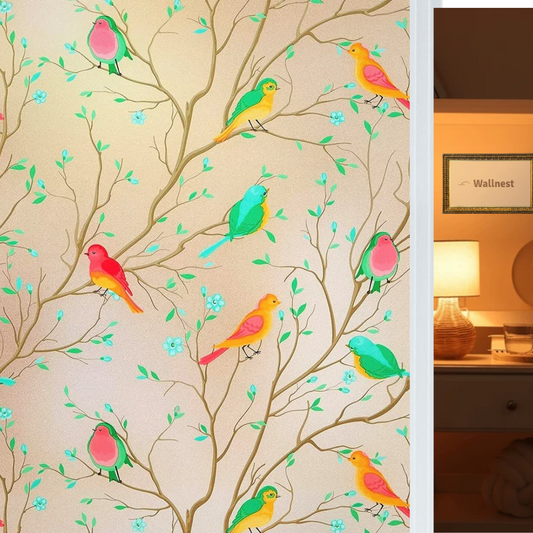 Wallnest Decorative Window Privacy Film, Self-Adhesive Vinyl, Birds Colourful
