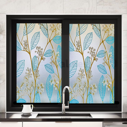 Wallnest Blue Leaves Privacy Window Film – Frosted Glass Vinyl, Self Adhesive Decorative Window Sticker for Home, Office, Bathroom, Kitchen – Removable, Waterproof