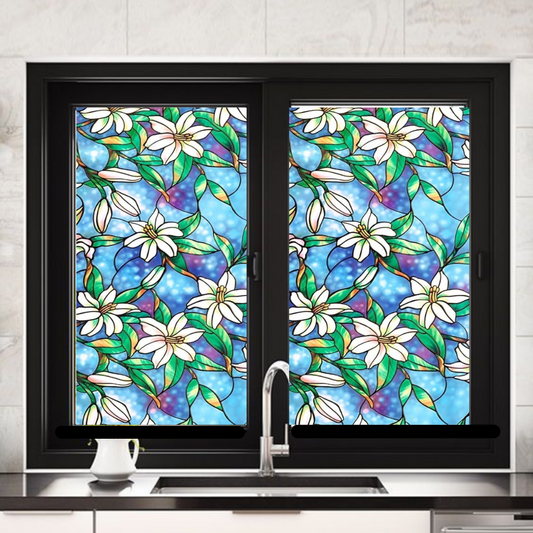 Wallnest Premium Privacy Window Sticker New Pattern Frosted Vinyl Sheets for Front Door Bathroom Sidelight Small Windows Opaque Sheet | Removable | Anti-UV. Blue Lily Flowers