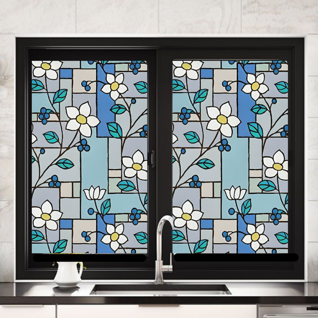 Wallnest Decorative Privacy Window Film, Floral Stained Glass Pattern,Self-Adhesive Frosted Glass FilmNo Glue Anti-UV Window Sticker for Privacy Office Meeting Room Bathroom Living Room