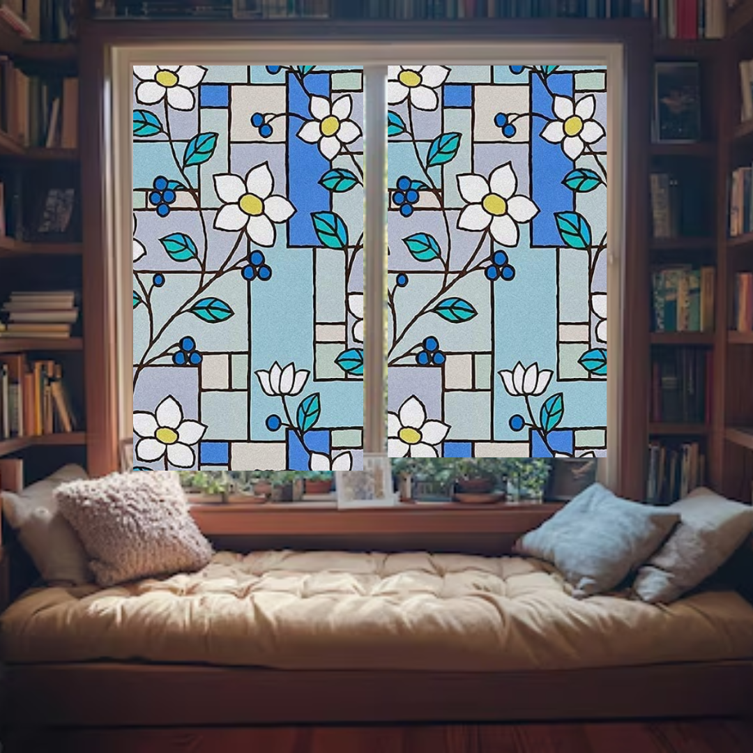 Wallnest Decorative Privacy Window Film, Floral Stained Glass Pattern,Self-Adhesive Frosted Glass FilmNo Glue Anti-UV Window Sticker for Privacy Office Meeting Room Bathroom Living Room