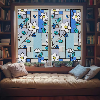 Wallnest Decorative Privacy Window Film, Floral Stained Glass Pattern,Self-Adhesive Frosted Glass FilmNo Glue Anti-UV Window Sticker for Privacy Office Meeting Room Bathroom Living Room