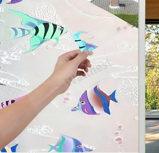 Wallnest 3D Tropical Fish Privacy Window Film, Self-Adhesive Decorative Glass Sticker, UV Protection, Reusable Frosted Glass Film Home Office Glass Stickers for Bathroom, Living Room